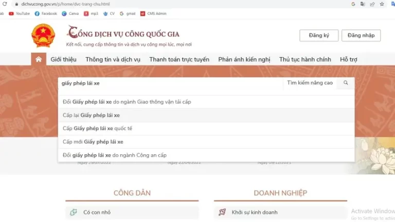 Tìm kiếm từ khóa Giấy phép lái xe trong cổng dịch vụ công để tìm dịch vụ cấp đổi giấy phép lái xe online