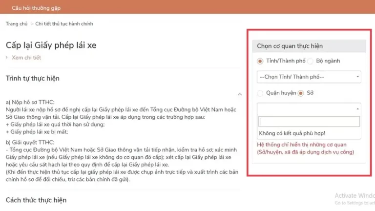 Bước 3 trong quy trình Cấp giấy phép lái xe online là tìm và chọn tỉnh/thành phố nơi cấp GPLX